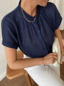 Vivie Lora 中老年女性蝙蝠袖单排扣衬衫 - 藏蓝色 - 查看 4