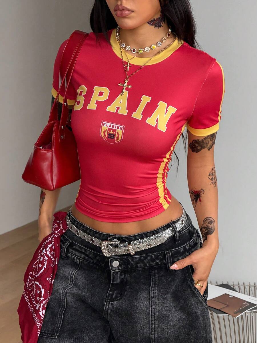Coolane 女士街头风红黄印花T恤,夏季都市休闲时尚撞色圆领短袖抹胸上衣,适合比赛日穿着 - 紅色 - 查看 1