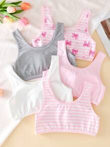 SHEIN 5件組女童兒童無袖圓領棉質套裝，冬季可愛工裝風粉色白色灰色條紋蝴蝶結印花透氣加厚 - 彩色 - 查看 2