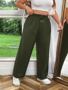 Flirla Damen Große Größen Einfarbige Hose mit Kordelzug Taille, vielseitig für den täglichen Gebrauch - Armeegrün - Übersicht 4