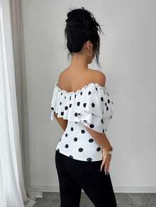 Flora Isola Flora Isola Elegante camiseta de mujer con hombros descubiertos, volantes y lunares, adecuada para vacaciones - Blanco - Ver 2