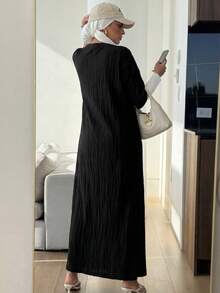 Solavon 女士纯色圆领蝙蝠袖宽松长款休闲连衣裙，春夏季，非常适合海滩/休闲/度假/家居服 - 黑色 - 查看 2