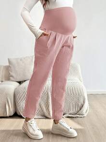 SHEIN 孕妇纯色褶裥口袋休闲裤 - 粉色 - 查看 3