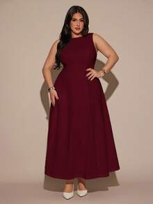 SHEIN BAE 大码女士优雅无袖连衣裙，船领设计，适合秋冬季节穿着 - 酒紅色 - 查看 4