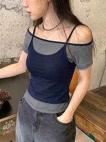DAZY Áo thun ngắn tay cổ xếp lớp dành cho nữ, kiểu dáng ôm sát thời trang, bộ 2 mảnh đa năng. - Xám - Xem 3