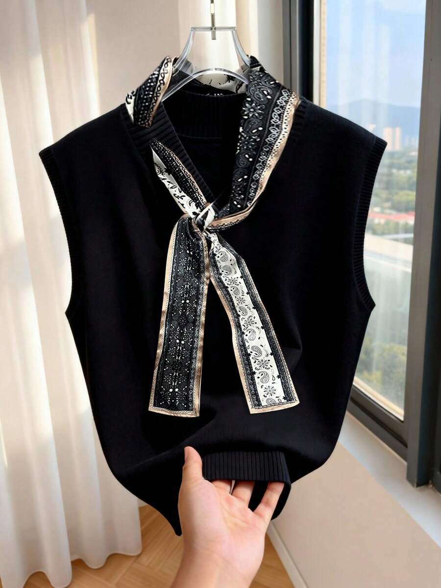 GlowEve 优雅设计女士围巾领带针织宽松背心 - 黑色 - 查看 1