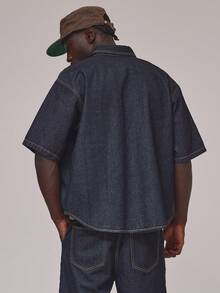 Musero Oversized Short Sleeve Collared Dropped Shoulder Contrast Stitch Double Flap Pocket Button Through Denim Shirt Spring Summer Essentials Holiday - Dark Wash - View 4