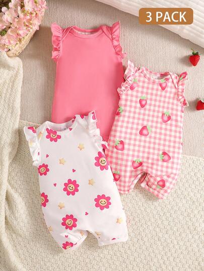 SHEIN 新生儿碎花印花+纯色圆领荷叶边下摆休闲连体衣，夏季