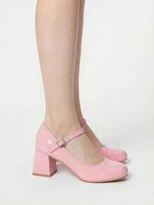ROMWE Kawaii New Shiny Patent Leather Thick Heel Round Toe Pink High Heels For Women. Fashionable Instep Strap Buckle Mary Jane Shoes, Comfortable For Indoor Outdoor Party Evening Banquet High Heel Pumps, Pink High Heels - Dusty Pink - View 3