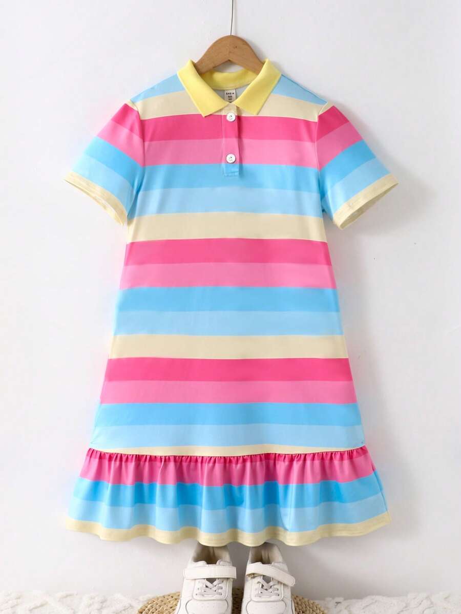 SHEIN Tween Girls' Casual Spring/Summer Polo Collar Knit Dress - Multicolor - View 1