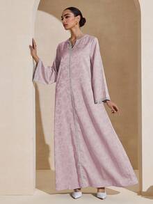 Graceveil Jacquard Fabric V-Neck Silver Ribbon Decor Loose Long Sleeve Elegant Luxurious Dress - Mauve Purple - View 5