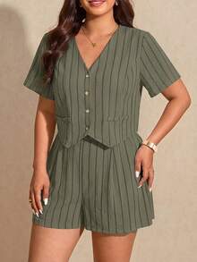 Elaquor Plus Size Women Striped Short Sleeve Button-Up Shirt And Shorts Casual 2-Piece Set - Army Green - View 5