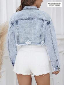 SHEIN ICON Washed Distressed Short Frayed Hem Fashionable Summer Denim Jacket - Light Wash - View 2