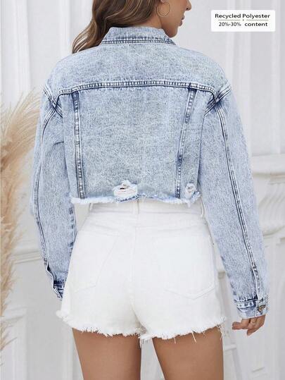 SHEIN ICON Washed Distressed Short Frayed Hem Fashionable Summer Denim Jacket