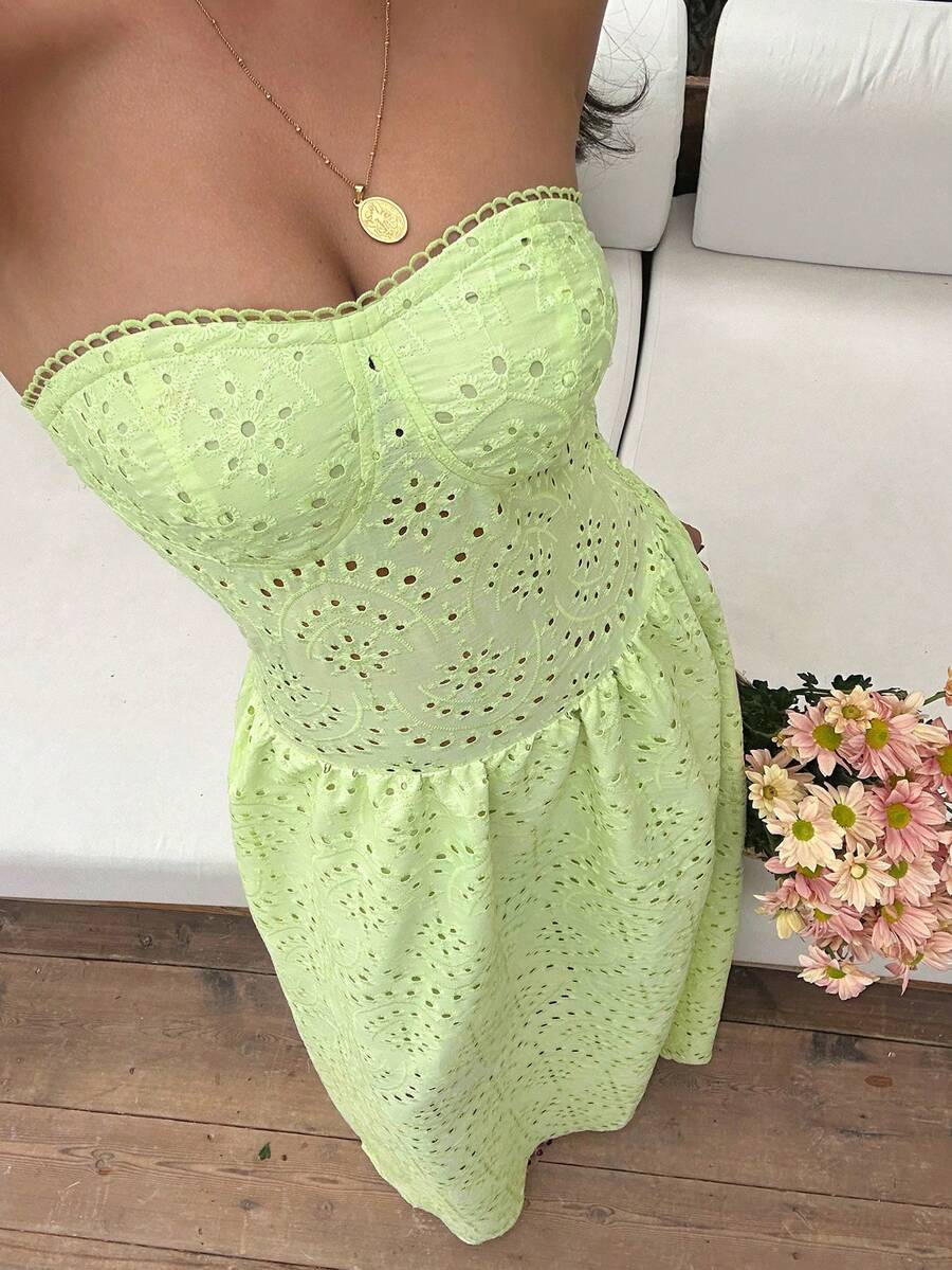 Sunnyshic Đầm nữ mùa hè màu xanh lá chanh dệt jacquard khoét lỗ, thích hợp cho đám cưới, tiệc tùng, họp mặt thường ngày, kỳ nghỉ, trang phục đi biển. - màu xanh lá - Xem 1