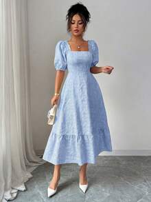 Elenzga Đầm nữ màu trơn họa tiết hoa cúc, chất liệu jacquard, thắt eo, kiểu dáng thanh lịch, tay phồng, thích hợp mặc hàng ngày và đi nghỉ mát. - Màu xanh nhạt - Xem 5