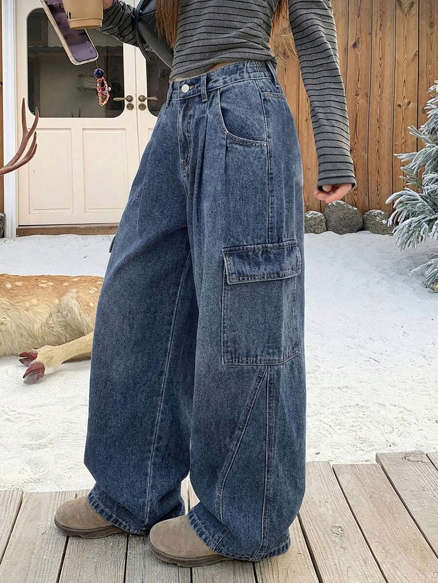 DAZY Women's Pocket Button Casual Versatile Daily Wear Wide Leg Jeans - Blue - View 1