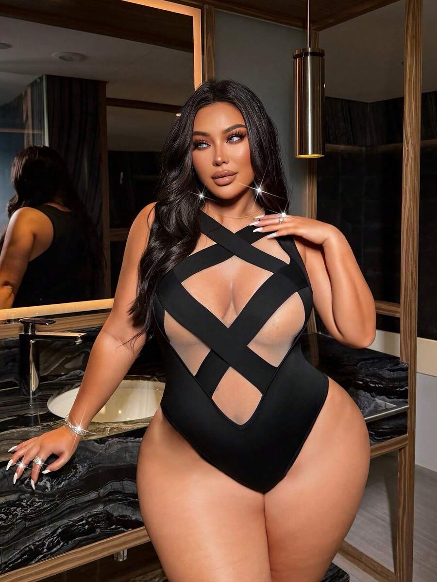 NU&NOW Body sexy sans dos avec bretelles croisées, patchwork en maille extensible, convient pour les rendez-vous, les fêtes, les festivals de musique, grande taille - Noir - Voir 1