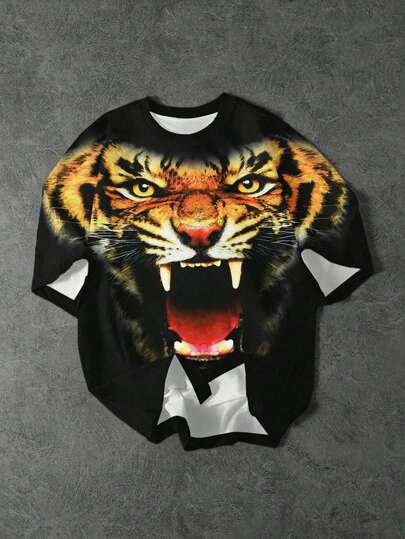 SHEIN 青少年男童休闲时尚酷炫动物图案印花圆领短袖T恤，黑色，基础款上衣，适合春夏穿着，适合外出、情人节、约会、旅行、度假、家庭聚会、返校、婚礼、正式场合、运动、生日派对等各种场合。