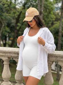 SHEIN Maternity Solid Color Backless Sleeveless Sports Romper,Word Cup - White - View 11
