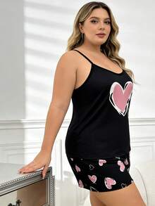 SHEIN Conjunto de pijama de camiseta de tirantes y pantalones cortos con estampado de corazones para tallas grandes - Negro - Ver 5