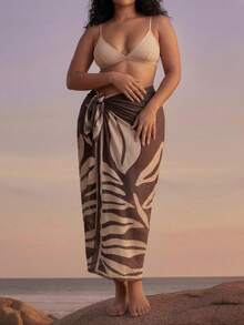 CAJUNI Plus Size Women Leaf Print Casual Beach Cover Up & Skirt Set - Brown - View 3