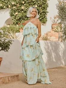 L'Amorae Halter Neck Ruffle Tiers Floral Green Chiffon Luxury Open Back Dress Wedding Guest Vacation Getaway, Dresses For Women, Elegant Long - Green - View 3