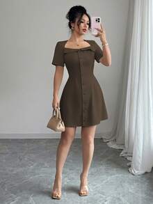 Elenzga Women's Elegant Trapezoid Collar Ruffle Buttoned Waist A-Line Short Sleeve Mini Dress, Suitable For Work, Spring/Summer - Brown - View 5