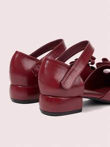 CUCCOO DOLLMOD Women's Shoes Round Toe Burgundy Bow Decoration Fashionable And Cute Mary Jane Thick Heel Hollow Shoes - Burgundy - View 5