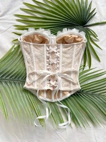 SHEIN WYWH 女士优雅度假性感白色蕾丝面料3D花卉装饰抹胸上衣，休闲、约会、下午茶、海滩、邮轮、音乐节皆宜 - 白色 - 查看 2
