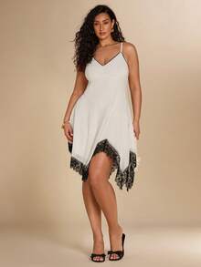 SHEIN BAE Vestido con tirantes finos y encaje con bajo asimétrico, sexy, para primavera/verano - Albaricoque - Ver 5