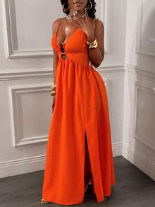 Glyssa 女士性感吊带露背交叉前开衩镂空U形搭扣褶皱下摆高开衩连衣裙 - 橘色 - 查看 4