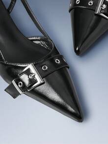 CUCCOO GRLICON Women's High Heel Pumps, French Black Patent Leather Pointed Toe Metal Buckle Strap Backless Niche Design Commuter High Heels, Motorcycle Style Outfit For Cool Girls, Suitable For Spring/Summer, Vacation, Travel 2000s Style - Black - View 4
