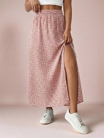 SHEIN VCAY 大码女式休闲碎花高开衩半身裙，夏季