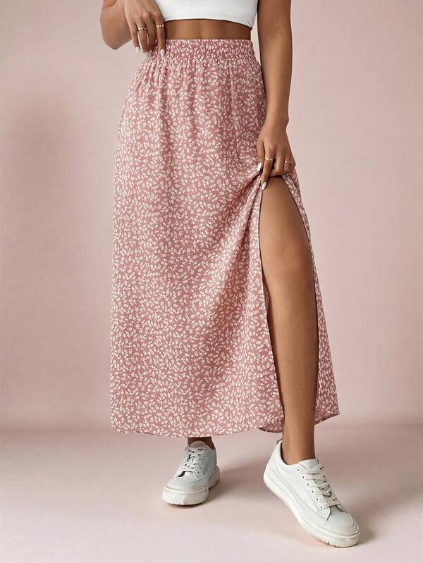 SHEIN VCAY Plus Size Damkjol med hög slits och prydlig blommig klänning, sommar