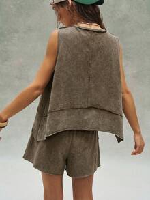 Bohemela 2pcs/Set Women Casual Solid Color Knit Loose Vest & Loose Shorts - Brown - View 7