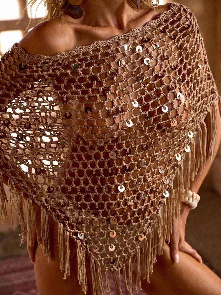 WOMEN'S SEXY BEACH VACATION SHEER HOLLOW-OUT SEQUIN DECORATED COVER-UP TOP