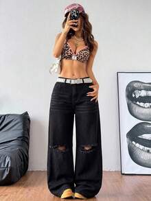 SHEIN PETITE CURVE 大码女装夏季黑色牛仔裤返校季可爱2000年代风格卡哇伊Y2K机场穿搭女装低调老钱图卢姆颓废韩版水洗阔腿棕色牛仔裤宽松牛仔裤阔腿牛仔裤 - 黑色 - 查看 7