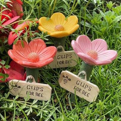 Cirelle 1pc Garden Resin Bee Drinking Station, Outdoor Decorative Colorful Butterfly Bathtub With Pink, Yellow, And Red Flower Shaped Insect Spray Pots, Flower Shaped Wild Insect Water Dispenser, Perfect Gift Choice For Festival Occasions