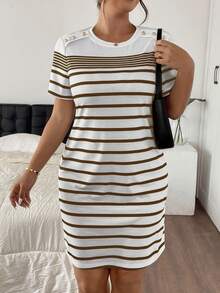 SHEIN Frenchy Plus Size Women Striped Round Neck Short Sleeve Casual Dress - Brown - View 3