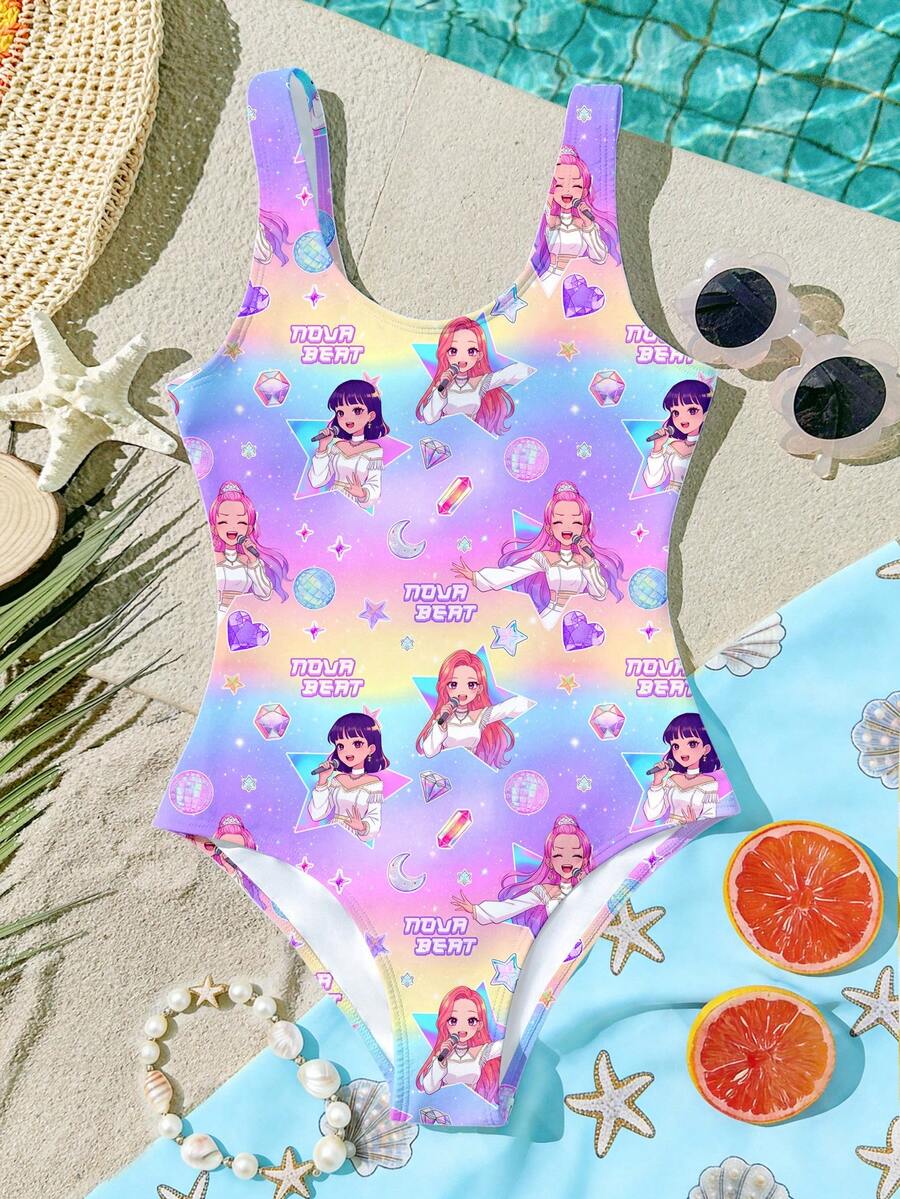 Cartoon Girl , Vibrant Purple, Cartoon Girl Group Swimsuit, Tween Girl Casual Minimalist Camisole One-Piece Swimsuit Suitable For Summer - Multicolor - View 1