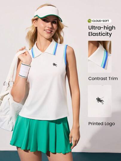 CourtClass Áo polo thể thao dáng ôm, không tay, cổ áo in chữ phối màu tương phản, đa năng, phong cách thường ngày.