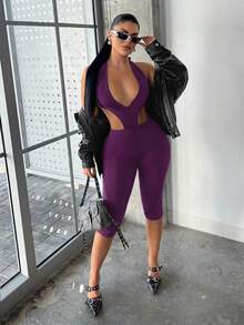 SHEIN SXY 性感露背低胸紧身吊带连体裤 - 紫色 - 查看 6