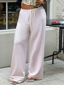 FavEase 女士休闲裤，条纹拼接，低腰，粉色，日常穿着 - 粉色 - 查看 1