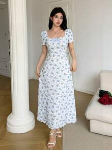 Feyla Women's Elegant Small Floral Print Bowknot Decor Backless Mid-Length Dress, Summer - Blue - View 3