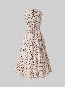 SHEIN 少女豹纹无袖休闲连衣裙，适合14岁女孩，休闲时尚通勤立领喇叭腰A字长裙，棕色连衣裙，适合青少年女孩，适合14岁女孩的漂亮连衣裙，适合女孩的休闲连衣裙 - 杏色 - 查看 10