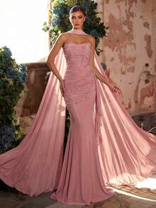 Glamrae Elegant Rhinestone Beaded Sexy Halter Elastic Ruched Halter Dress, Suitable For Wedding, Party, Prom, Banquet - Dusty Pink - View 3