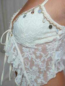 Textured Jacquard Fabric Slit Hem Bohemian Style Camisole - Beige - View 6