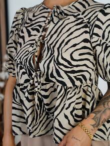 SAYEHFBABY Women's Round Neck Short Sleeve Shirt, Zebra Print Shirt With Tie And Puff Sleeve, Summer Women's Cute Ruffle Hem V-Neck Regular Fit Puff Sleeve Blouse, Casual Everyday Wear, Spring/Summer Animal Print Pattern Casual Blouse, Short Sleeve - Multicolor - View 3