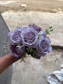 3支人造玫瑰、绣球花、牡丹混合花束，婚礼新娘装饰，DIY花环材料，生日派对，家居装饰，花瓶，户外花园，秋季，新年礼物 - 紫色 - 查看 2